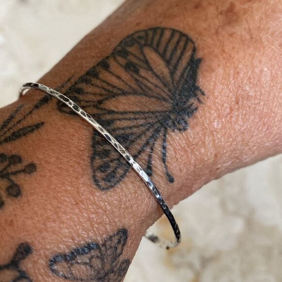 925 Sterling Silver Handcrafted Engraved Date Bangle Bracelet, Hammered, Skinny - Picture 7 of 9